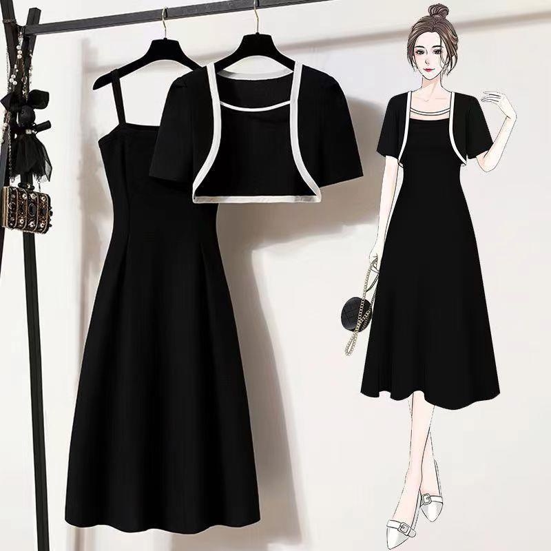 Plus Size Women's Clothing 2023 Fat Sister Summer New Style Slimmer Look Versatile Sling Dress Cardigan Top Two-Piece Suit