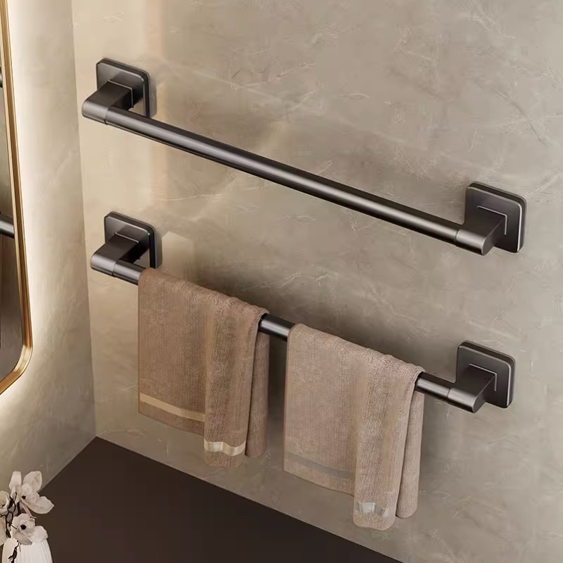 Towel Holder Space Aluminum Bar No Drilling Bathroom Organizers Self adhesive Towel Bar With Sticker Single Towel Rod Drill Free Towel Rack Towel Holder Shopee Singapore