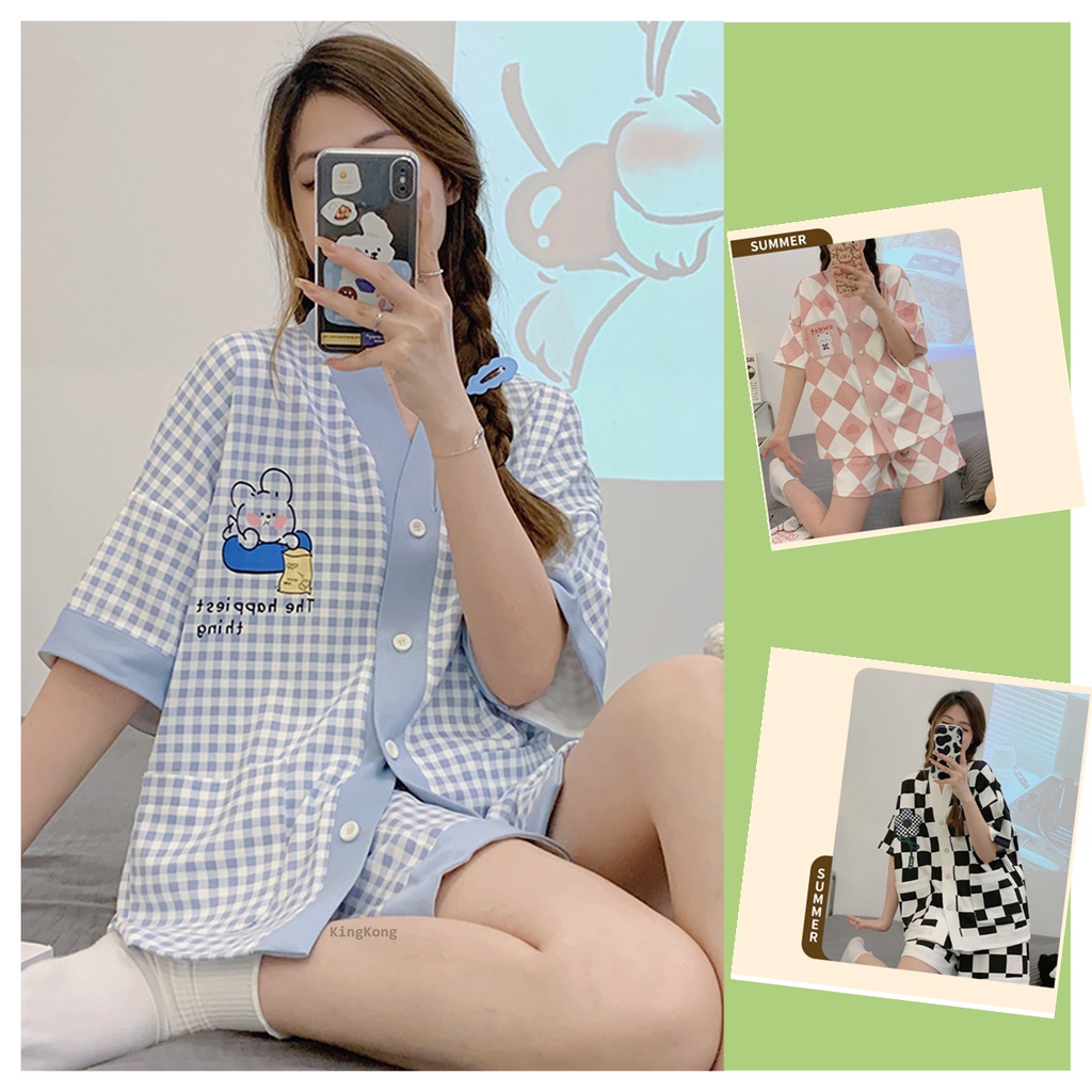 M-3XL Pyjamas Women 100% Cotton Plus Size Pajamas Summer Korean Version Short Sleeve Checkered Plaid Loose Breathable Cardigan Sleepwear Set