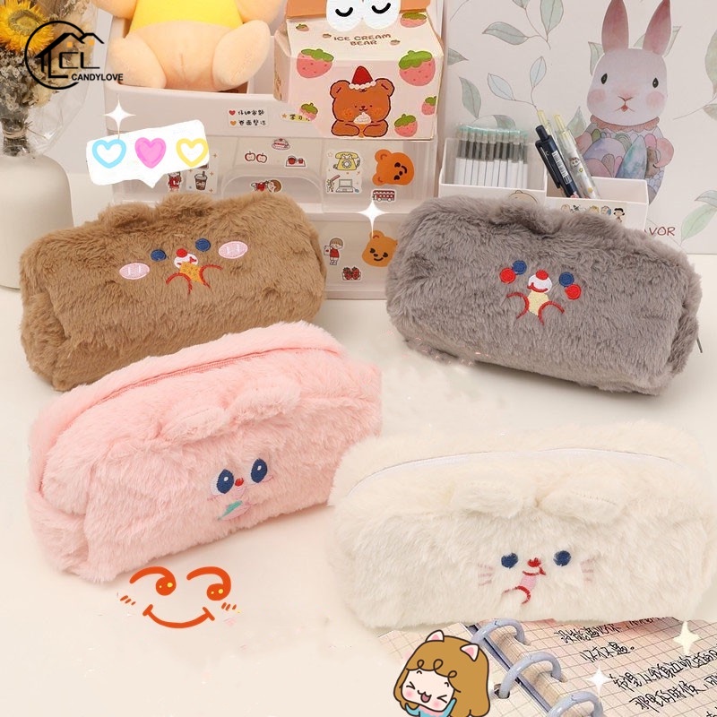 Cartoon Cute Pencil Case Embroidery Plush Pencil Bag Large Capacity
