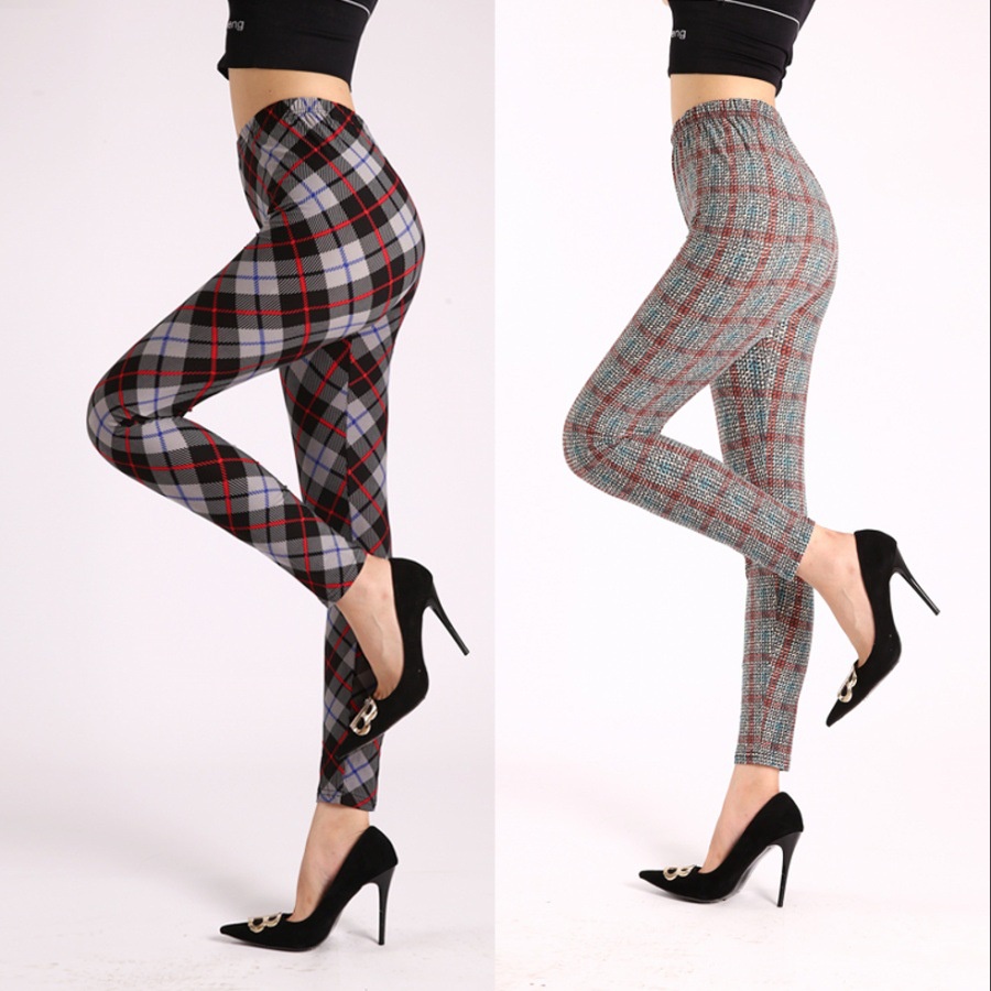 New Thin Leggings Stretch Printed Leggings High Waist Black Trousers Checked  Outer Wearable Women's Pants