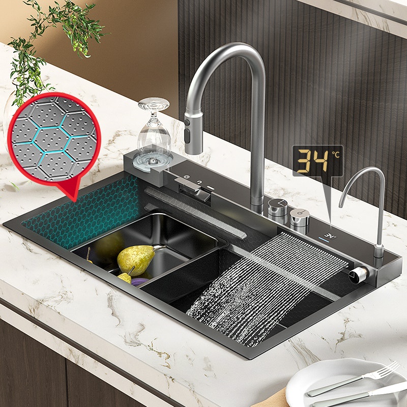 Kitchen Sink with Waterfall Faucet Stainless Steel Large Single Slot