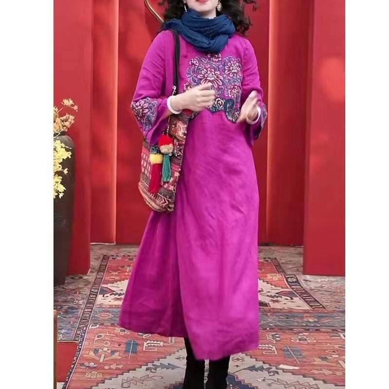 Ethnic style heavy industry embroidered mid-length dress retro loose long sleeve cotton and linen women's clothing