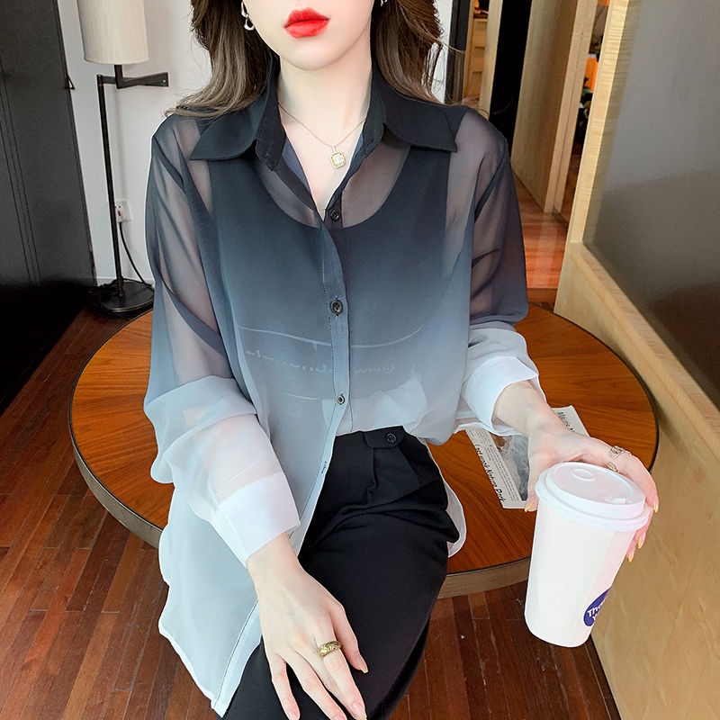 2023 Summer New French Style Temperament Shirt Slightly Transparent Tie Dye Gradient Thin Sun Protection Clothing Loose Coat Top for Women