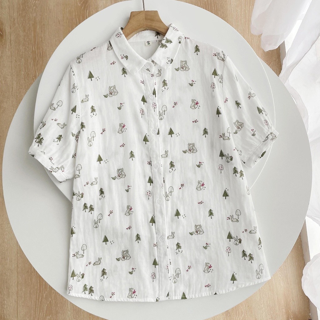 Cute Print Double layer Cotton Yarn Short Sleeve Blouse Age reducing Loose and Slimming Blouses Shopee Singapore