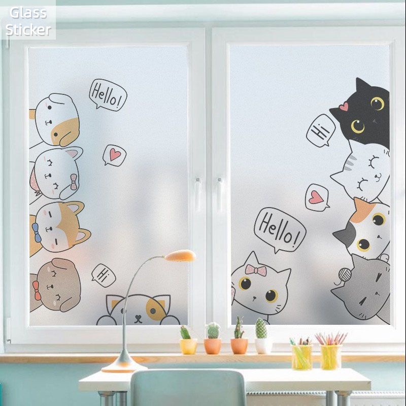Cartoon Cat Electrostatic Frosted Glass Film Transparent Opaque Kitchen ...