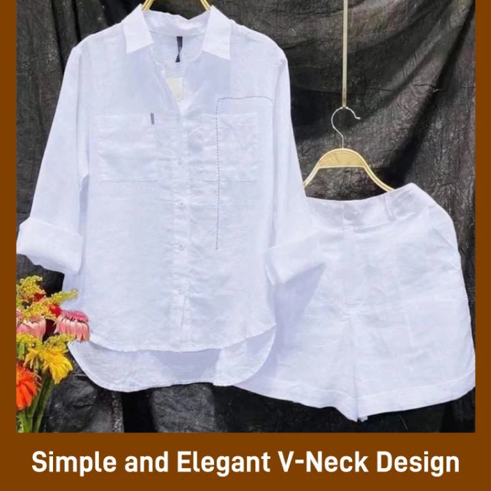 New Arrival Long Sleeve + Shorts Lining Cotton 2-Piece Set 新款长袖+短裤棉麻套装