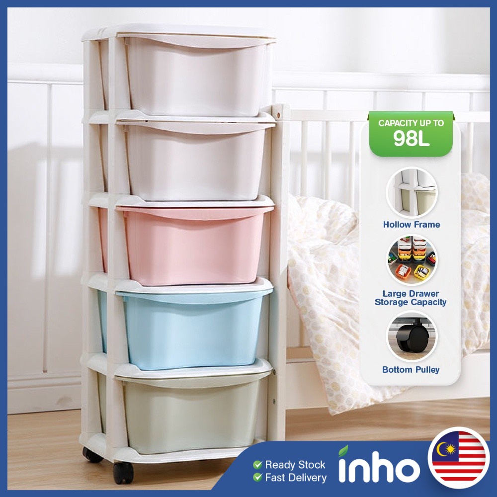 INHO 3/4/5/6 Layers Plastic Drawer Storage With Wheels Drawer Rack Kid Clothes