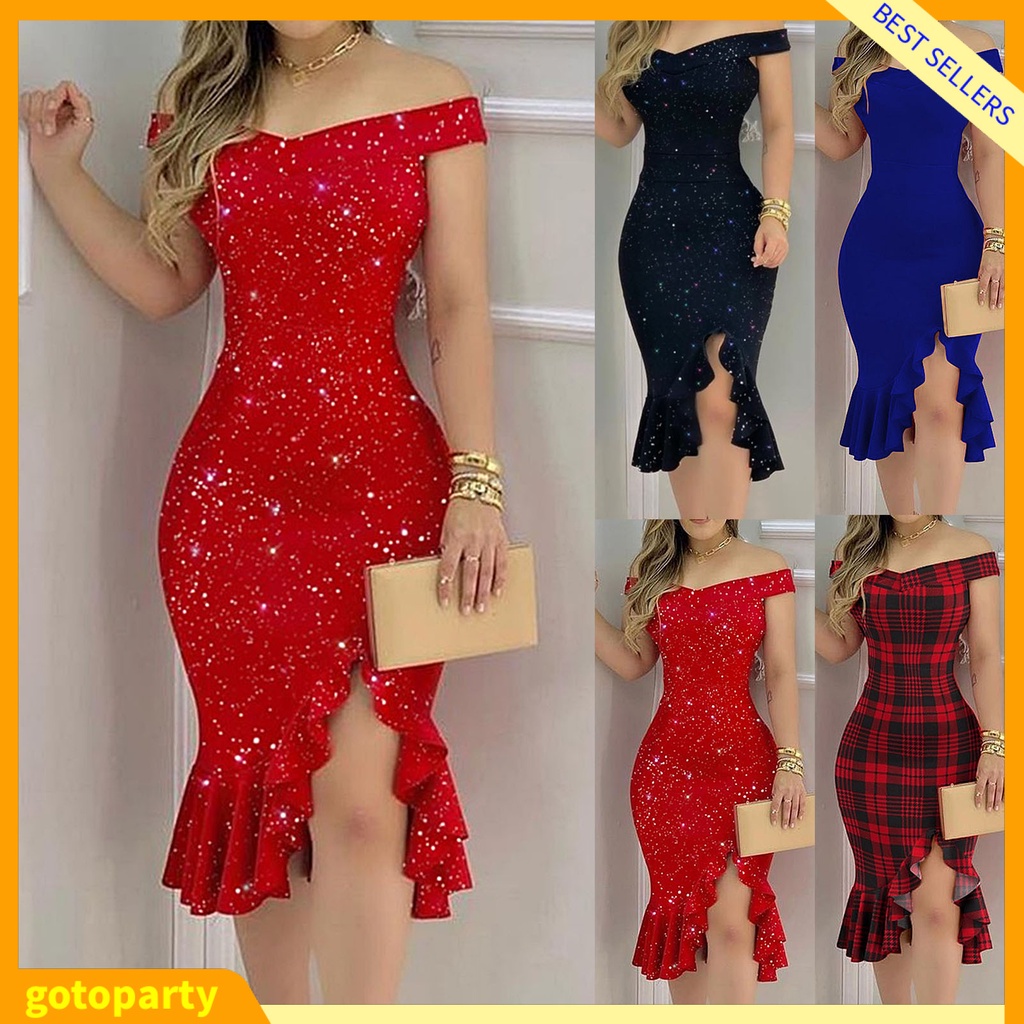 Women Sexy Off Shoulder Split Ruffle Solid Color Plaid Bodycon Knee ...