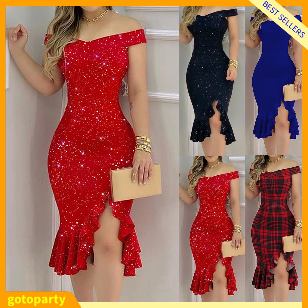 Women Sexy Off Shoulder Split Ruffle Solid Color Plaid Bodycon Knee Length Dress Shopee Singapore 