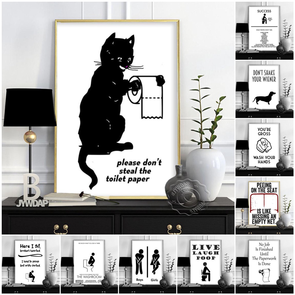 Wall Art Canvas Painting Funny Bathroom Rules Sign Nordic Black White ...