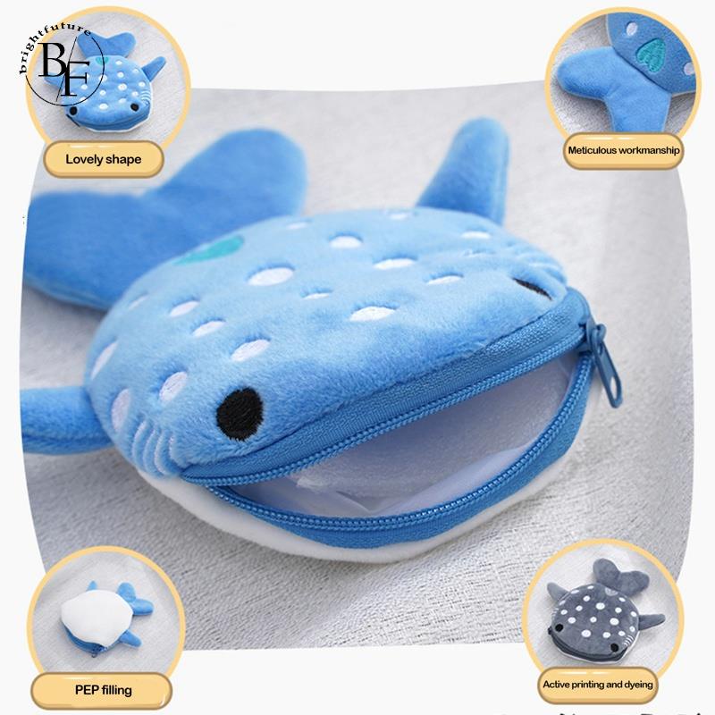 Cute Blue Small Whales Coin Purse Plush Zipper Coin Wallet Shark Shape