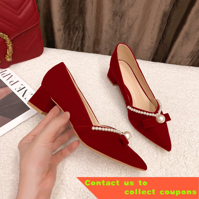 Red chunky heels closed on sale toe