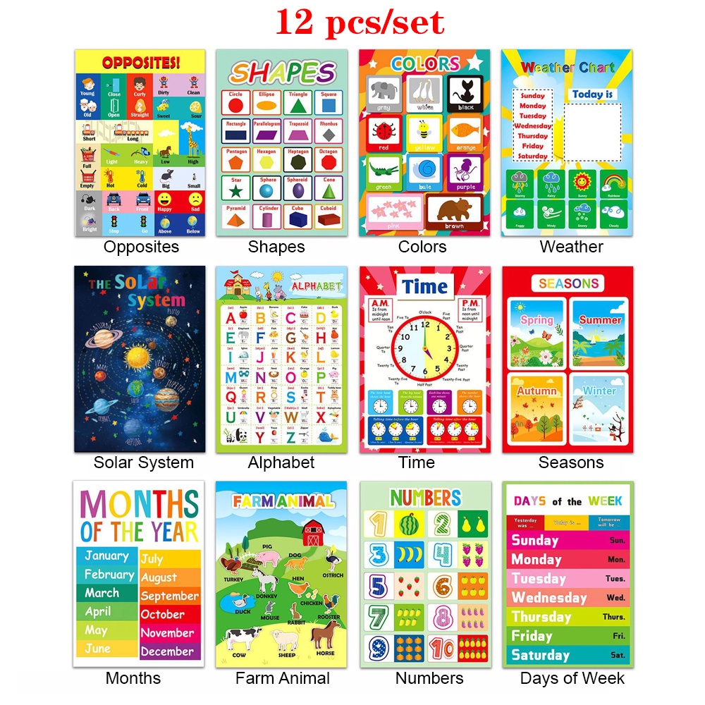 12Pcs A3 Preschool Educational Poster Charts for Kids Kindergarten ...