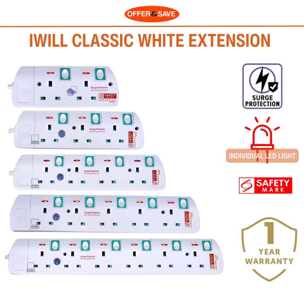 [Surge Protection] IWILL Classic White Extension Plug Extension Cords ...