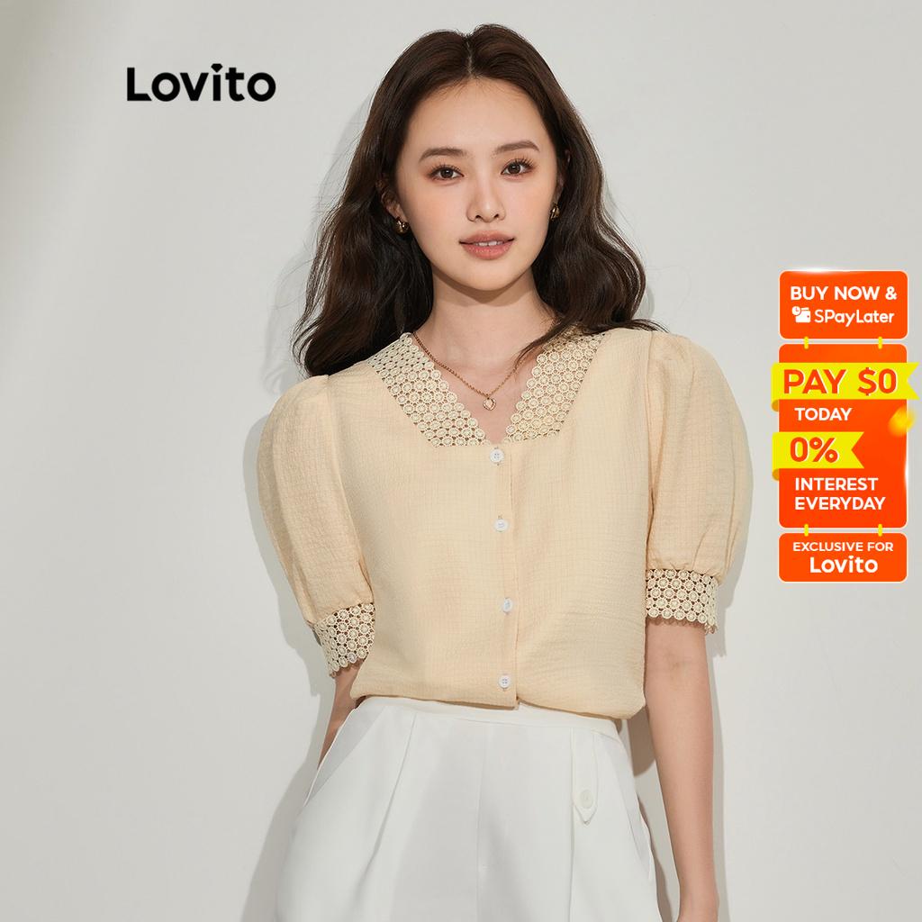 Lovito Elegant Plain Lace Button Front Puff Sleeves V Neck Short