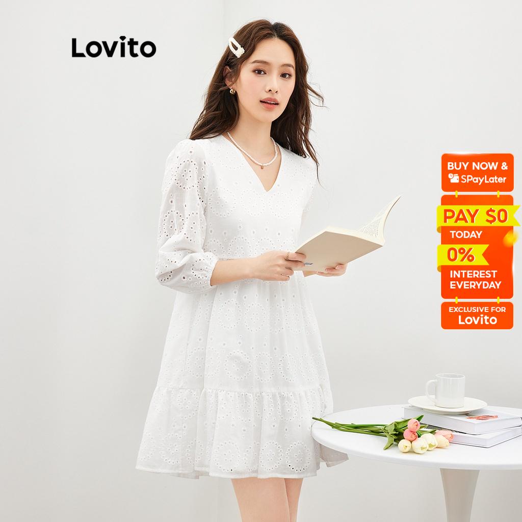 Lovito Casual Plain Eyelet Embroidery Ruffle Hem Women Dress