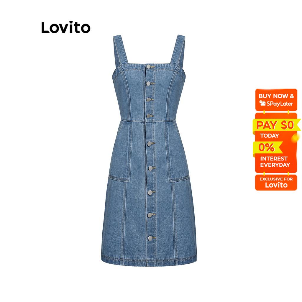 Lovito Casual Plain Pocket Button Square Neck Women Denim Dress L45ad066 Blue Shopee Singapore