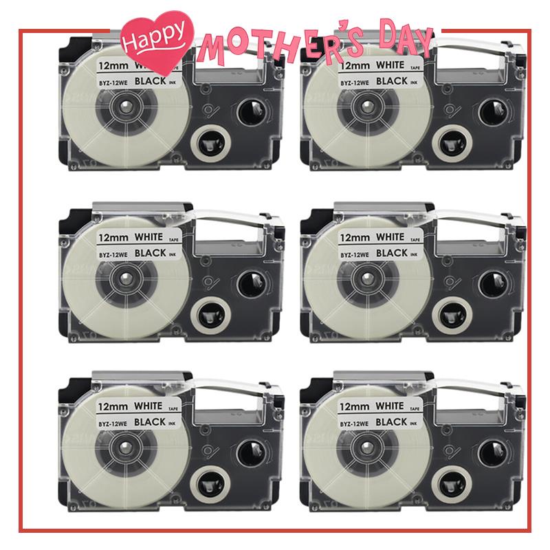 6 Pack 12mm Black on White Label Ribbon for CASIO KL-120 KL-E300 KL-60 ...