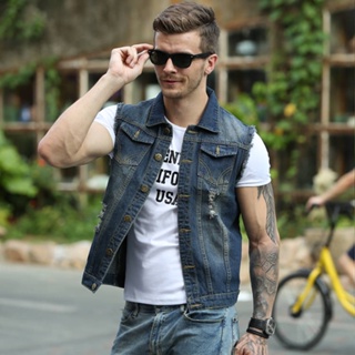 Large size men's fall new products nostalgic jacquard denim jacket men's  loose personality ripped top