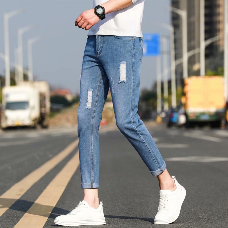 ROKISTUDIO Ready Stock Summer Breathable Ripped Jeans Men Slim Straight
