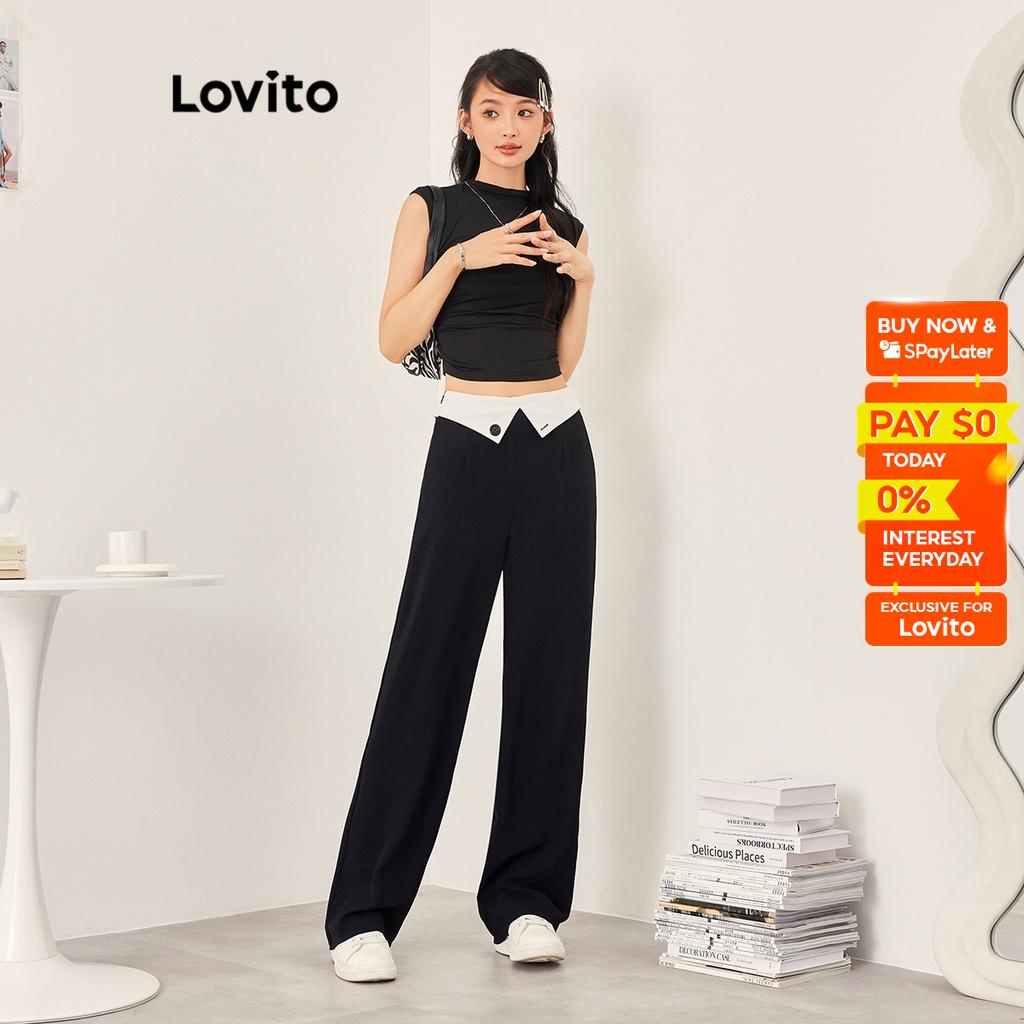 Lovito Casual Plain Colorblock Button Pants for Women L53AD061 (Black ...