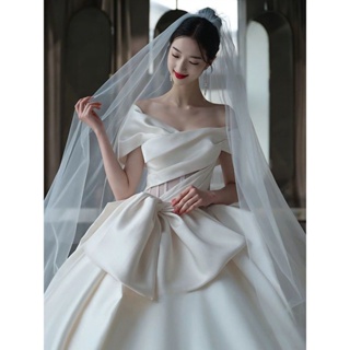 YQ57 off-Shoulder Satin Wedding Dress Main Yarn French Long Tail2023New  Bridal Advanced Texture Light Wedding Dress Wedd