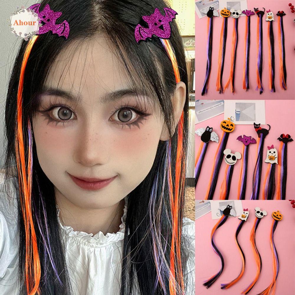 AHOUR Halloween Pumpkin Wig, Fake Hair Black Cat Ghost Braid Hair, Party Gothic Bat Hair Clips
