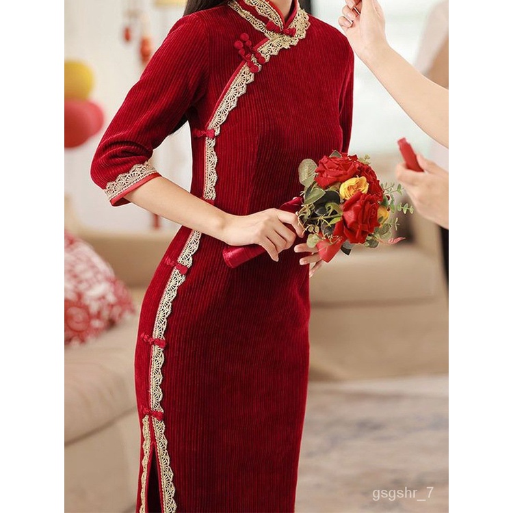 qipao🍒Red Improved Cheongsam Toast Dress Bridal Chinese Style