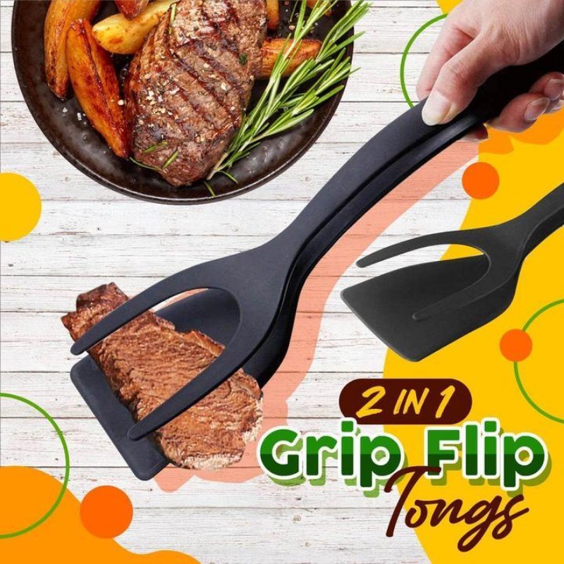 2 in 1 Non Stick Grip Flipper Pancake Fried Egg Spatula Clamp Turner Tong  Toast