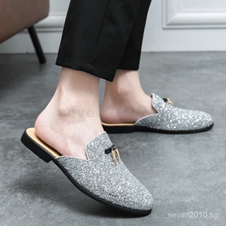 Men's Perforated Suede Horsebit Open Back Driving Loafers Mens Lightweight  Mules Male Breathable Backless Dress Shoes Summer Suede Slippers Black/Gray/Khaki
