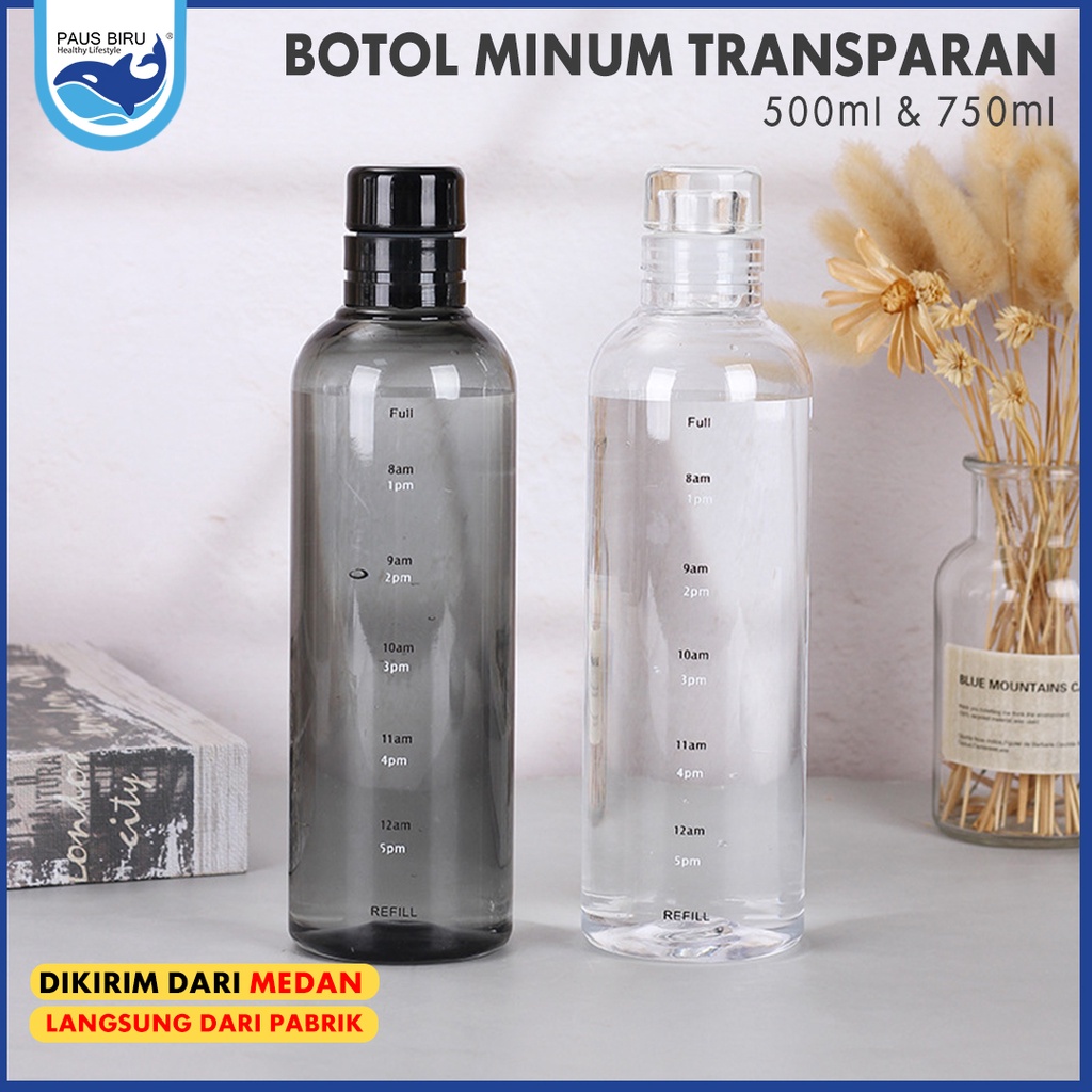 Paus Biru - Botol Minum 500ml & 750ml Transparan / Botol Olahraga Portable