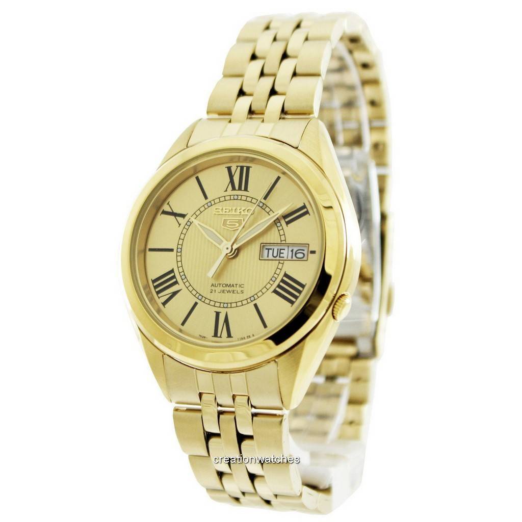 Gold seiko 5 on sale automatic 21 jewels