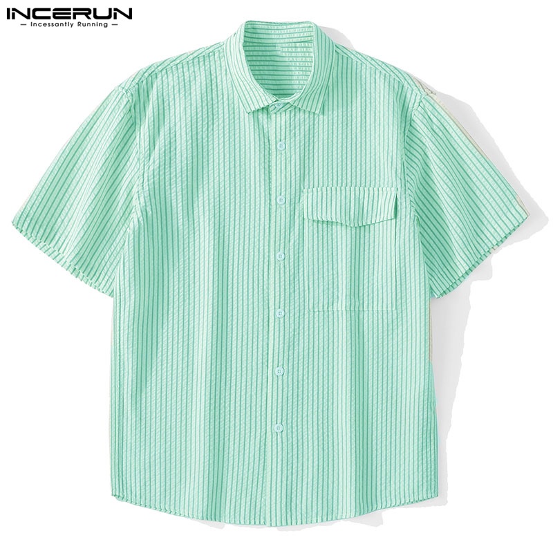 INCERUN Men's Striped Texture Bubble Short Sleeve Casual Shirt