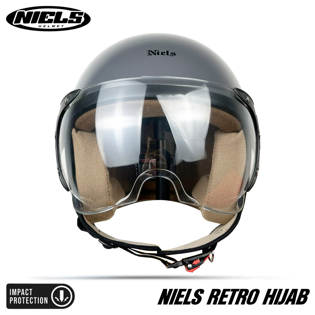 NIELS - Helm Bogo Retro Hijab Dewasa Kaca Pilot SNI Motorcycle Grey Glossy