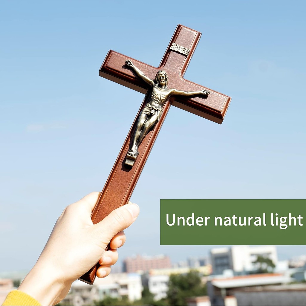 ARCHOBAN Crucifix Mural Croix Catholique 30,5 Cm Bois Marron + Laiton Antique - Décoration Religieuse Durable