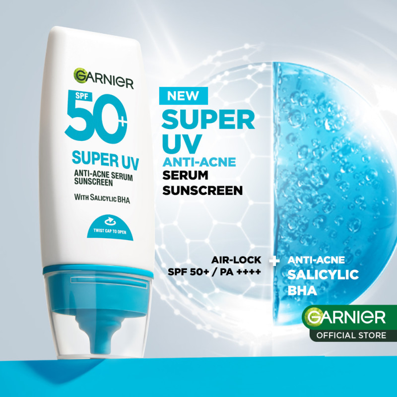 GARNIER Super UV Anti-Acne Serum Sunscreen SPF50+ PA++++ Salicylic Acid Lawan Jerawat BHA 30ml sunscreen spf 50 pa ++++ untuk kulit berminyak, berjerwat, memudarkan bekas jerawat - Gambar 3