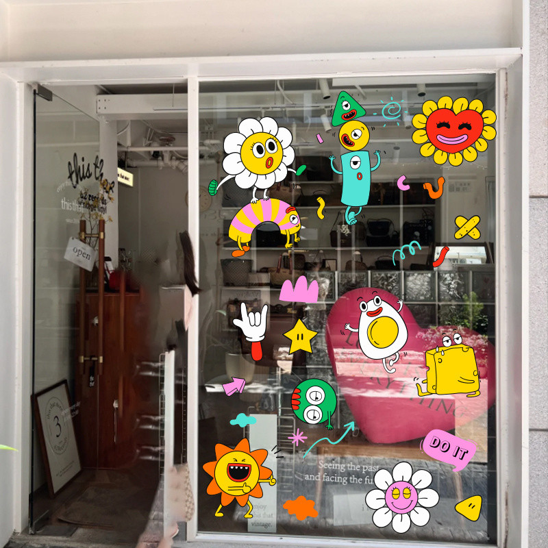 ins Wind Cartoon Hand-painted Glass Static Sticker Shop Window Glass ...