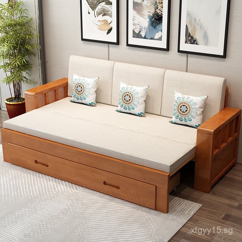 Solid Wood Sofa Bed Foldable Multifunctional Small Apartment Extendable ...