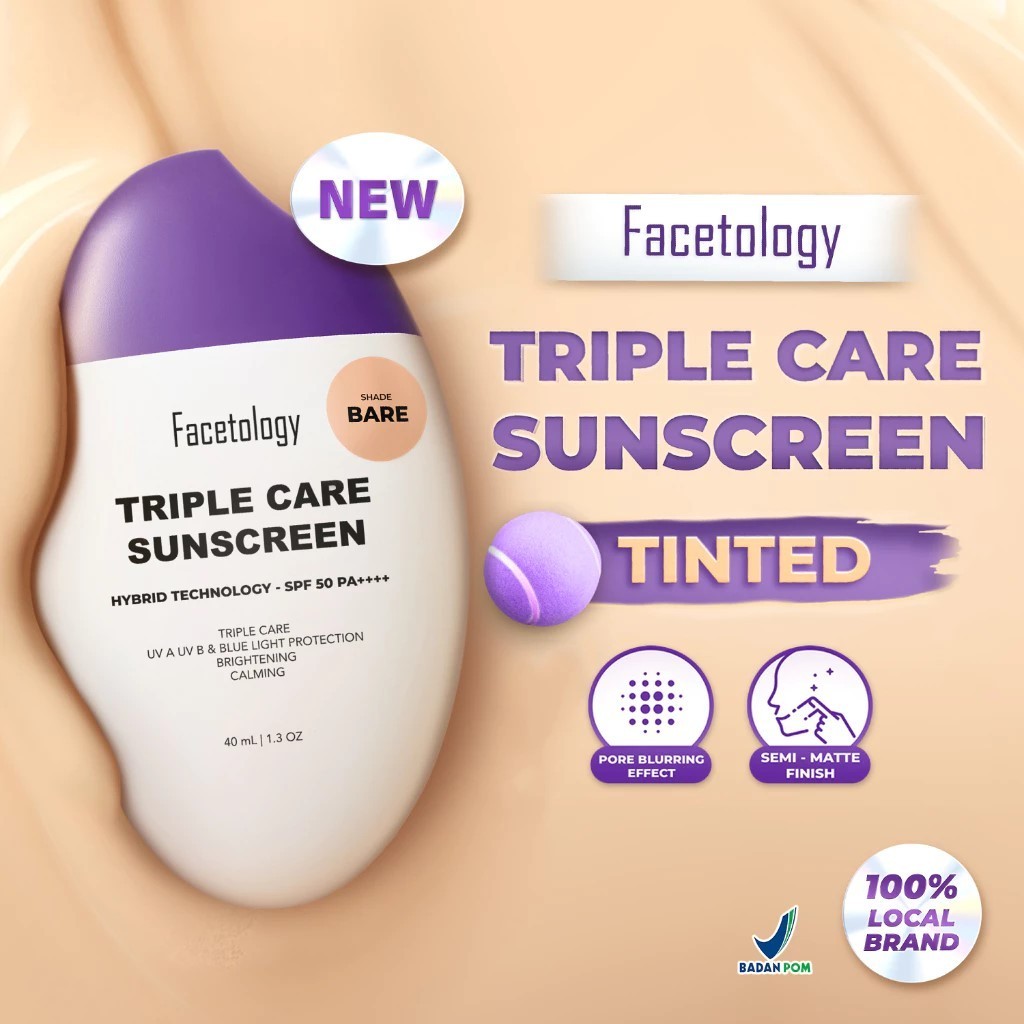 Facetology Triple Care Sunscreen Tinted SPF 50 PA++++ 40ML / Merah Jingga Official - Gambar 2