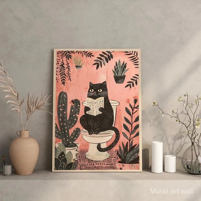 Funny Black Cat On The Toilet Reading Poster Animal Bath Prints Canvas ...