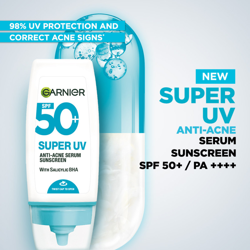 GARNIER Super UV Anti-Acne Serum Sunscreen SPF50+ PA++++ Salicylic Acid Lawan Jerawat BHA 30ml sunscreen spf 50 pa ++++ untuk kulit berminyak, berjerwat, memudarkan bekas jerawat - Gambar 2