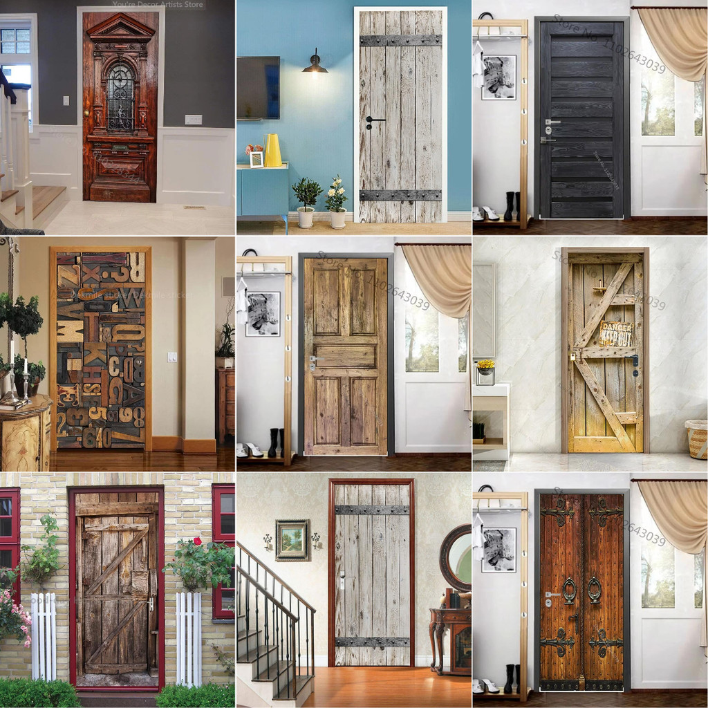 Wooden Style Door Stickers Detachable Wallpaper Living Room Bedroom ...