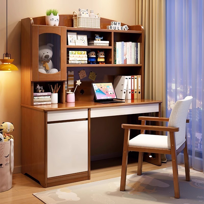 Q-6/Solid Wood Desk Simple Computer Desk Bookshelf Bookcase Integrated ...