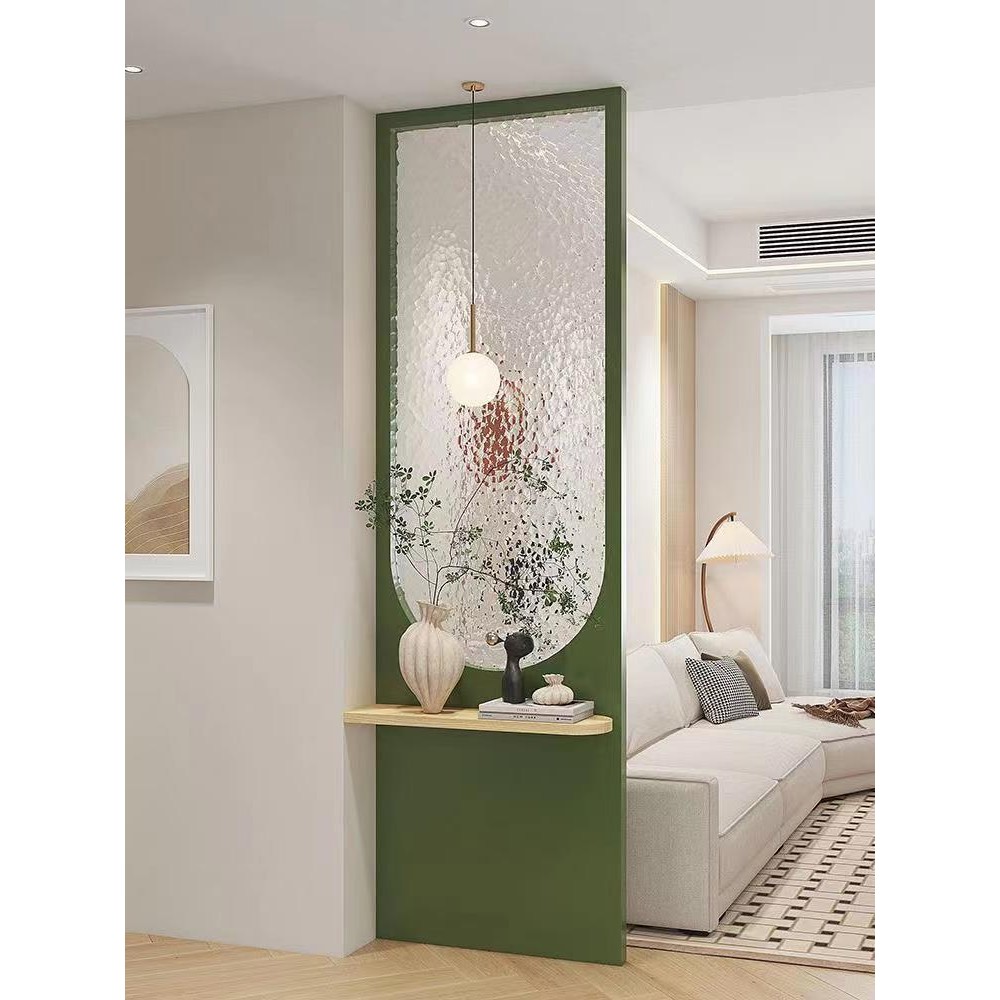 Cream Feng Shui Pattern Tempered Glass Half Wall Partition Living Room ...