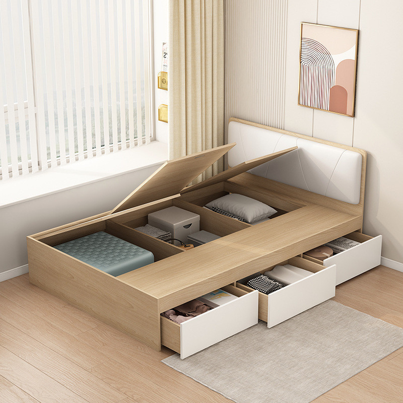 Modern minimalist high box tatami storage bed, solid wood bed board ...