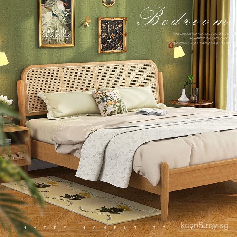 Nordic Rattan Woven Bed Solid Wood Modern Minimalist1.8m Double Bed ...