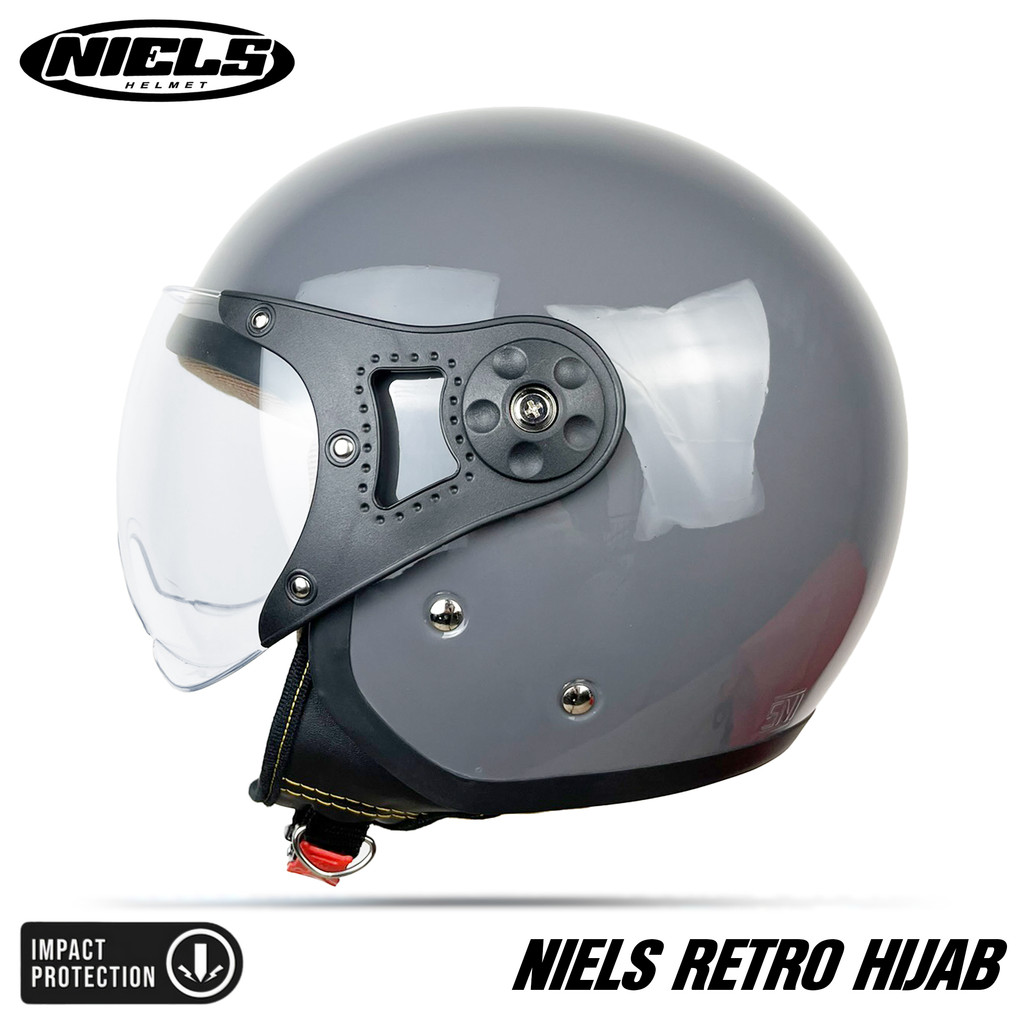 NIELS - Helm Bogo Retro Hijab Dewasa Kaca Pilot SNI Motorcycle Grey Glossy - Gambar 3