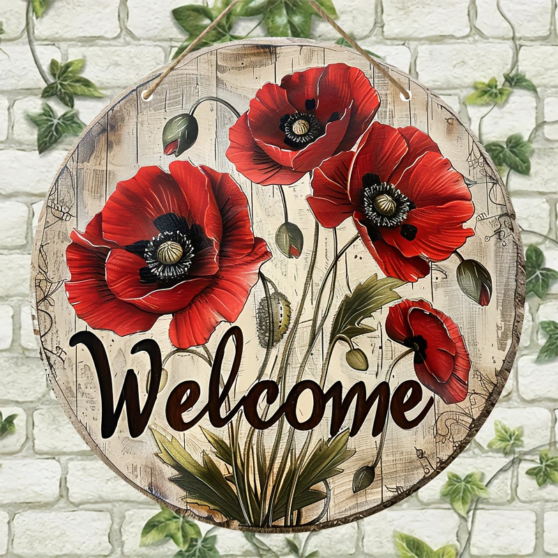 Front Door Wooden Welcome Sign - Red Poppy Flower Wall Hanging Decor ...