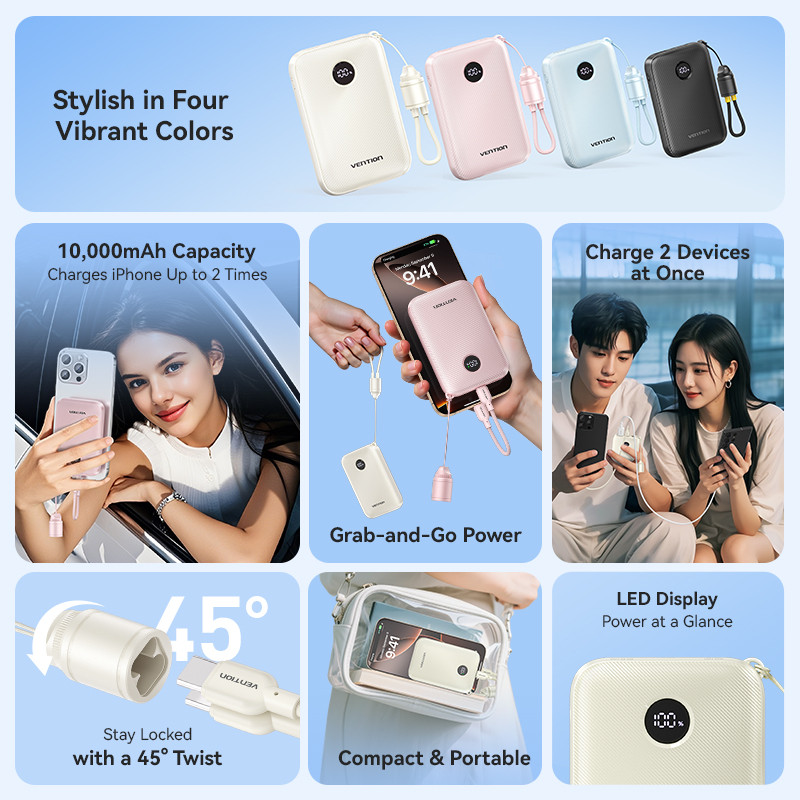 Vention Powerbank Pro Series 10000mAh 22.5W Built in Cable Fast Charging Dual Port USB-C USB-A for iPhone Android - Gambar 2